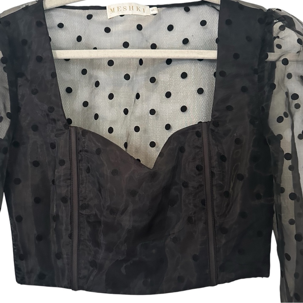 MESHKI Sailor Polka Dot Sheer Puff Sleeve Black Corset Top Size Small - Picture 4 of 8
